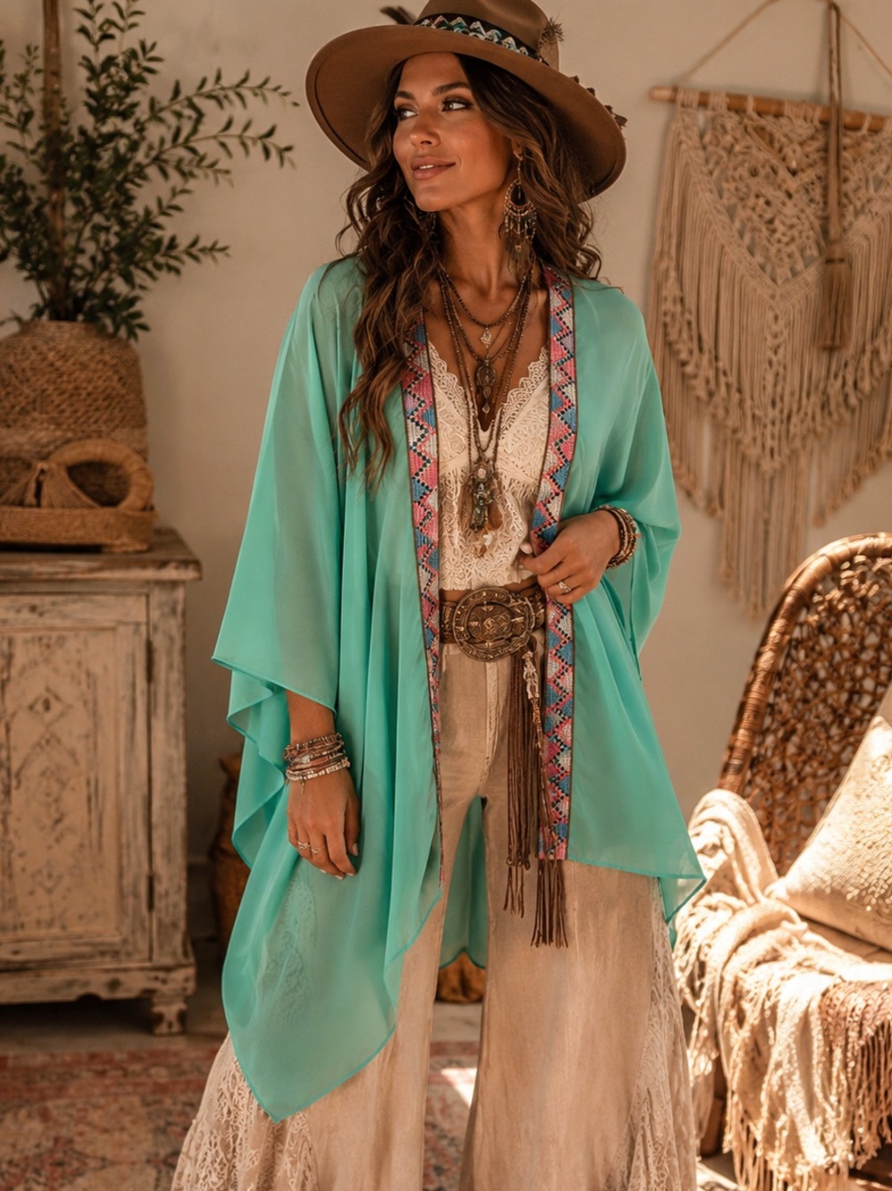 Auditions‎ Aqua Sheer Embroidered Boho Kimono Cardigan | Size Large